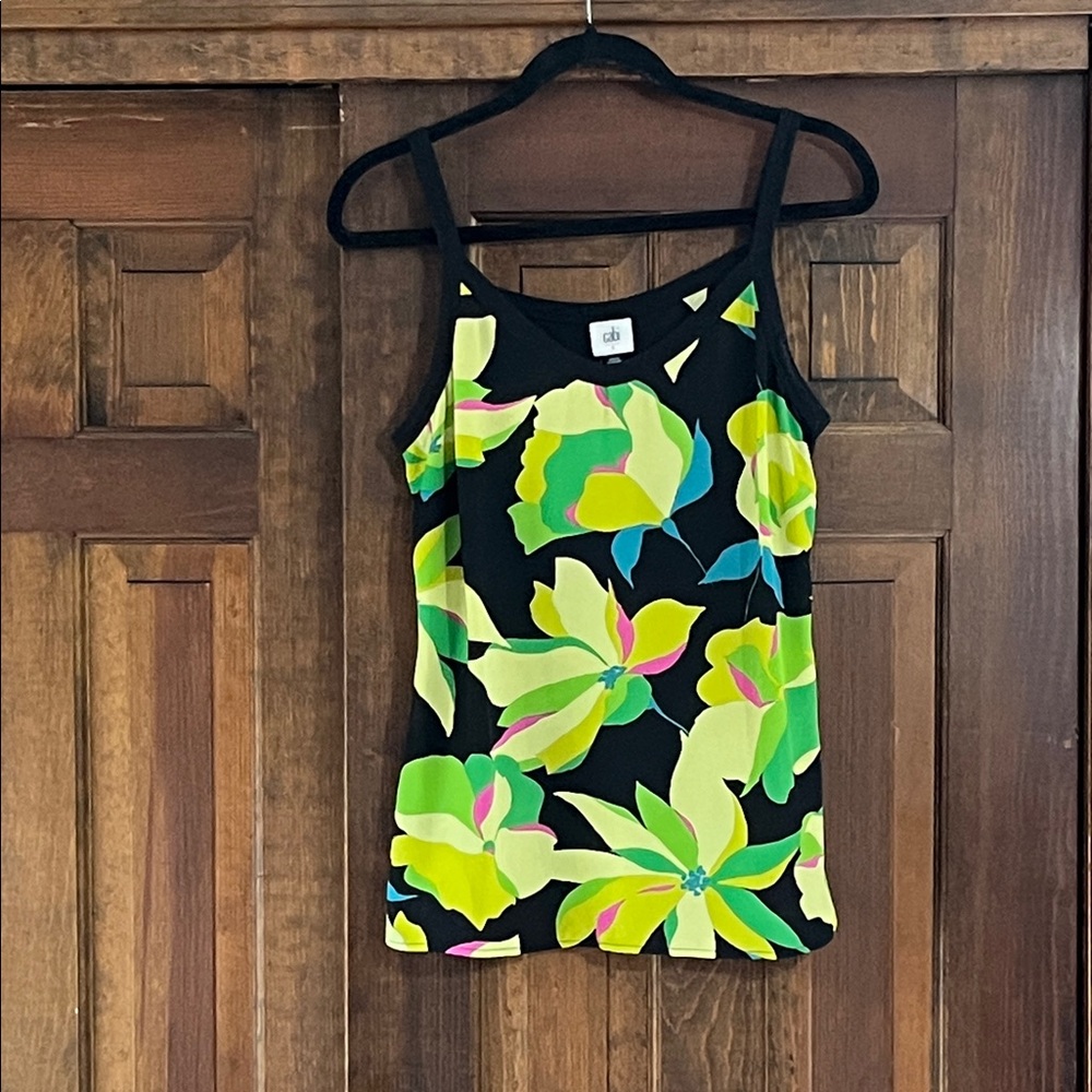CAbi Black Floral Camisole with Neon Green and Pink Accents